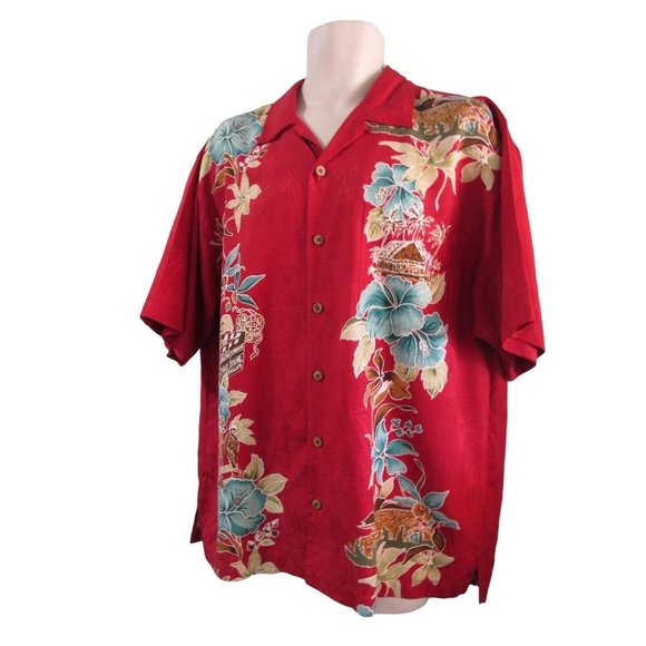 Tommy Bahama Red Silk Hawaiian Tiki Movie Set Floral Mens Shirt L EUC - Picture 1 of 11